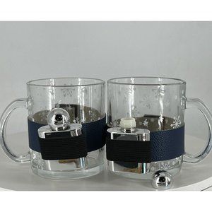 Christmas Coffee Mug W/Plastic Flasks White Snowflake Pattern Setting Navy Strip